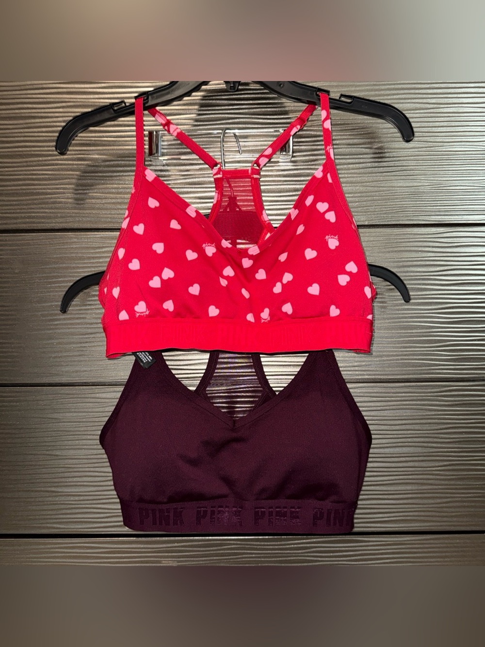 PINK Victoria's Secret Red Heart Print & Burgundy Racerback Sports Bra BUNDLE